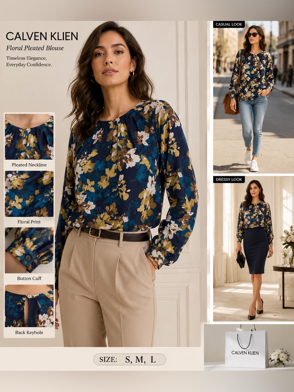 Calvin Klein Navy Floral Long-Sleeve Pleated Blouse